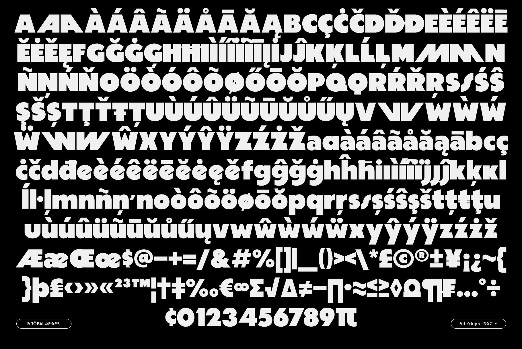 Complete glyph set showing multilingual characters numbers symbols on dark backdrop