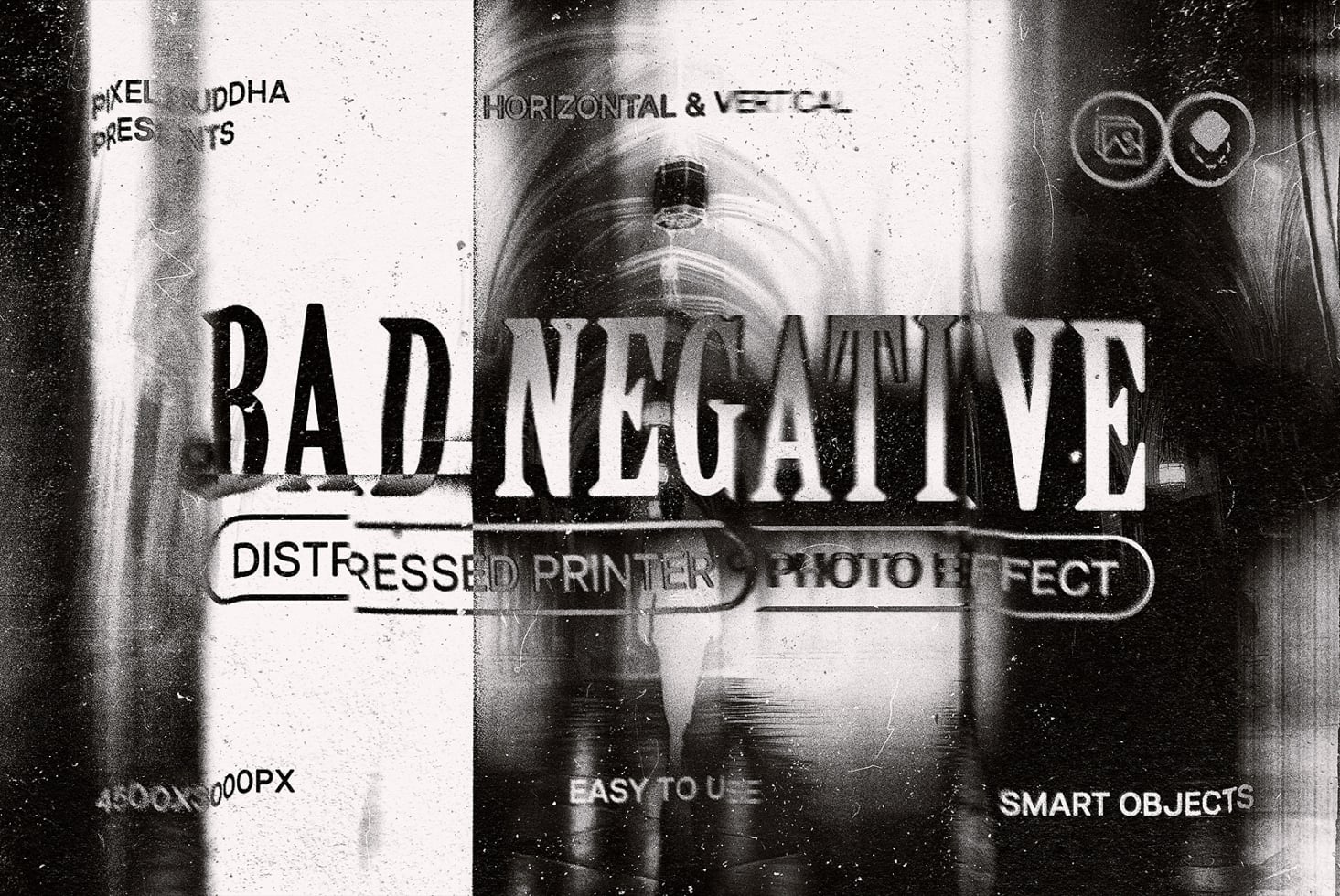 Distressed printer photo effect mockup with scattered text overlays, gritty grayscale, experimental typography