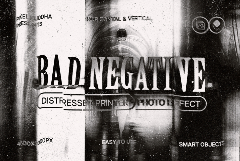 Distressed printer photo effect mockup with scattered text overlays, gritty grayscale, experimental typography
