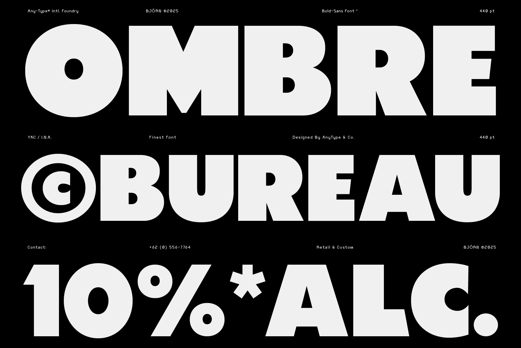 Large white typeface specimens on black with agency contact info