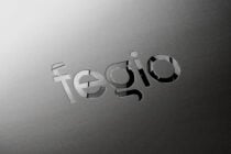Tegilo text in metallic silver embossed effect on gray metallic surface