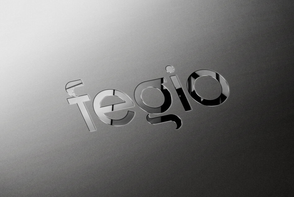 Tegilo text in metallic silver embossed effect on gray metallic surface