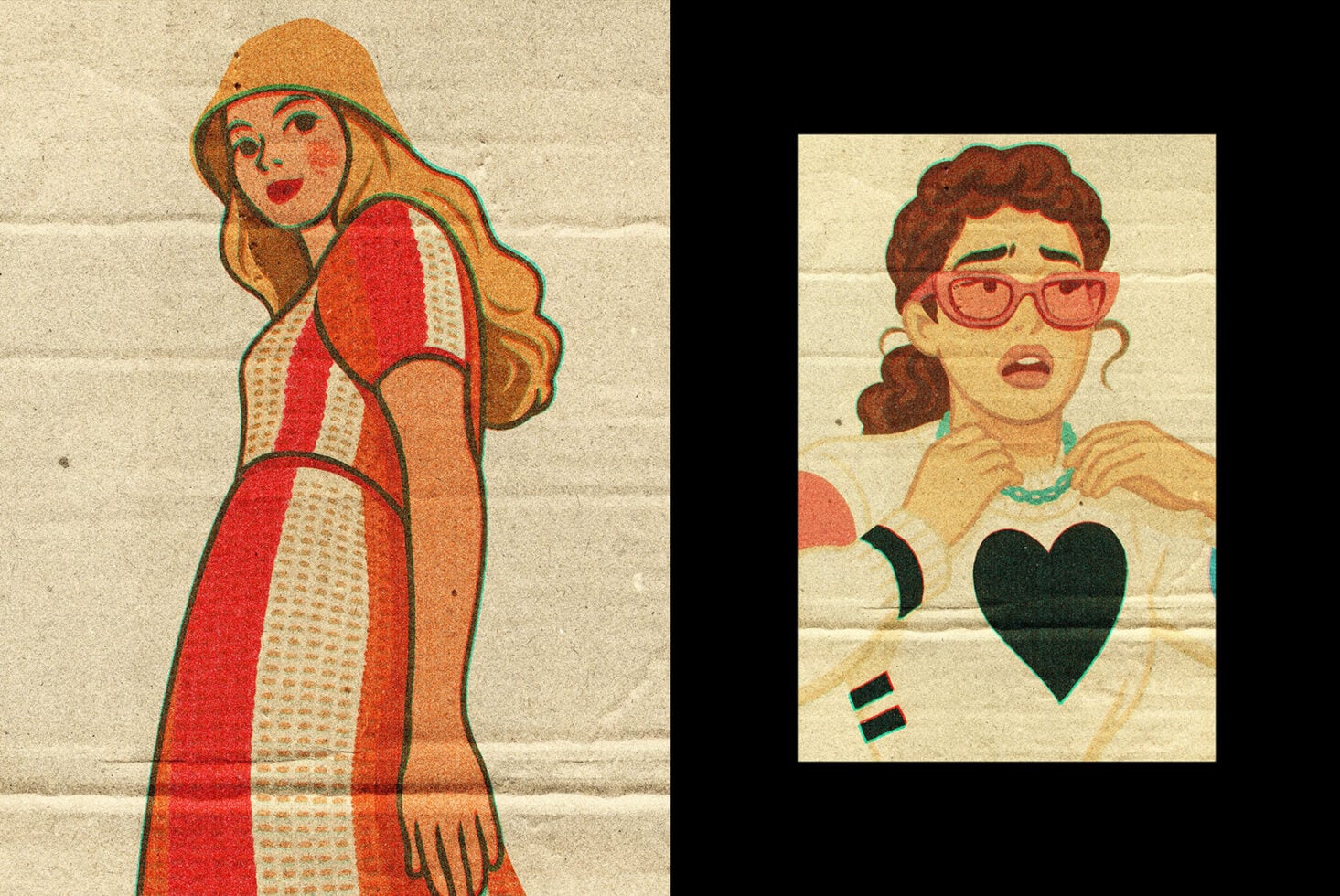 Retro woman in bucket hat with striped outfit, separate face portrait