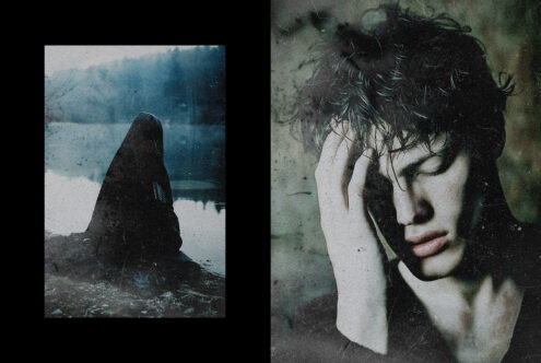 Two moody portraits with distressed overlay, woman by water then close-up side profile