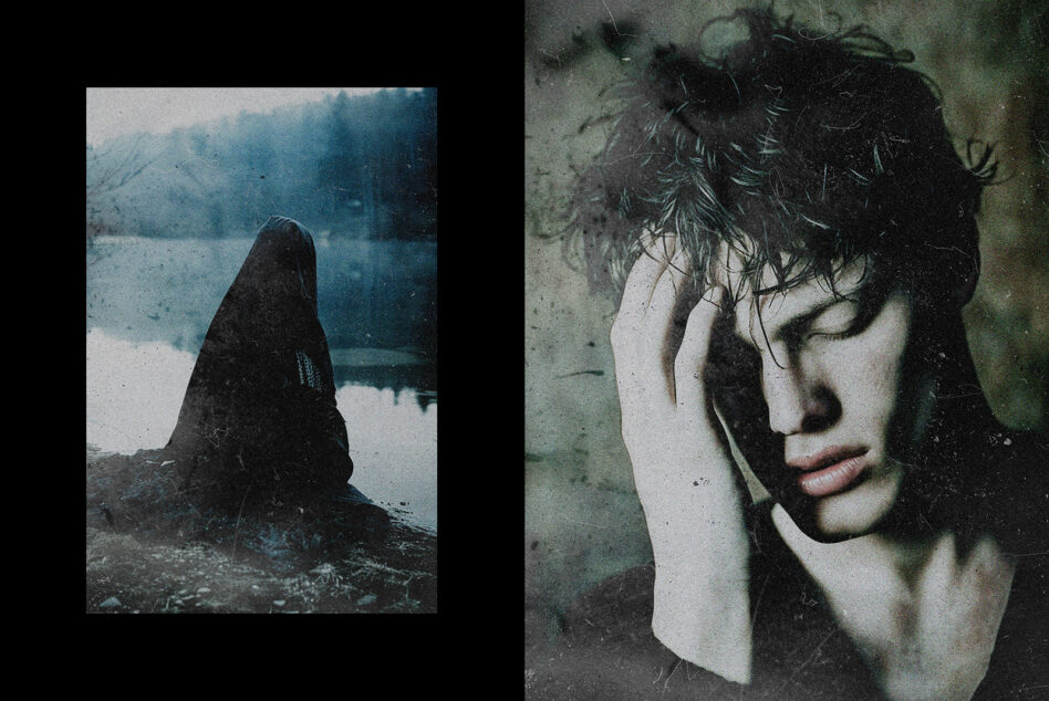 Two moody portraits with distressed overlay, woman by water then close-up side profile
