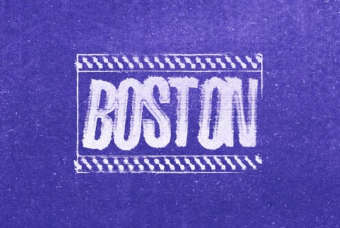 Distressed white text reading Boston on textured purple background, stamp-style borders
