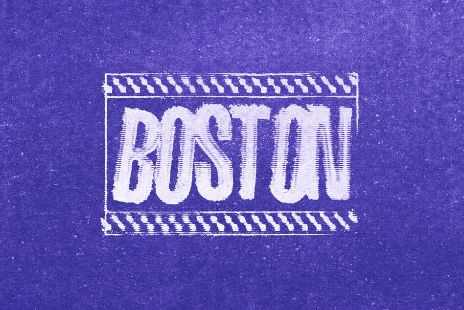 Distressed white text reading Boston on textured purple background, stamp-style borders