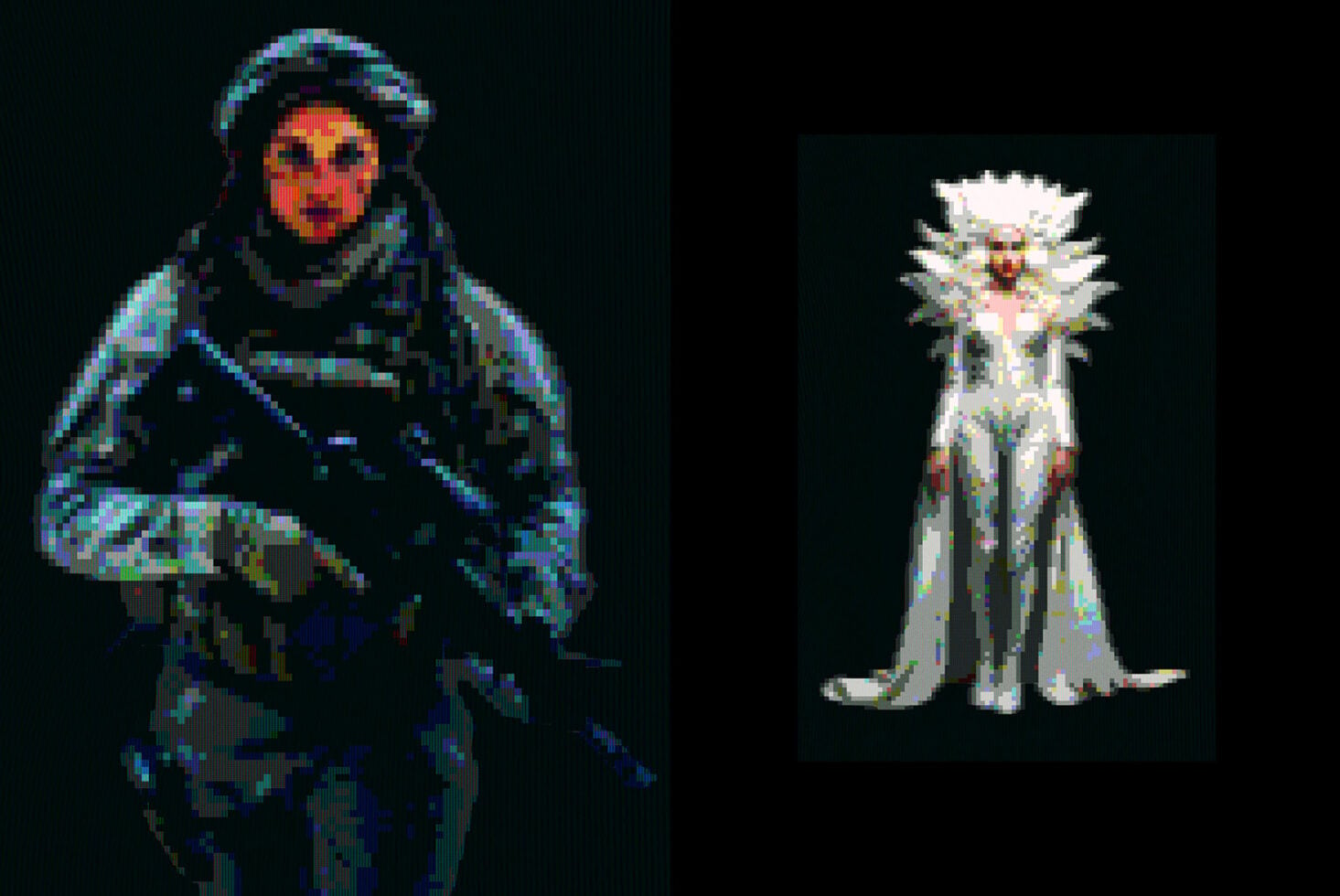 Pixelated portrait of person in blue tones on left, ethereal angelic figure in white on right