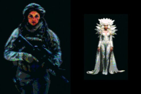 Pixelated portrait of person in blue tones on left, ethereal angelic figure in white on right