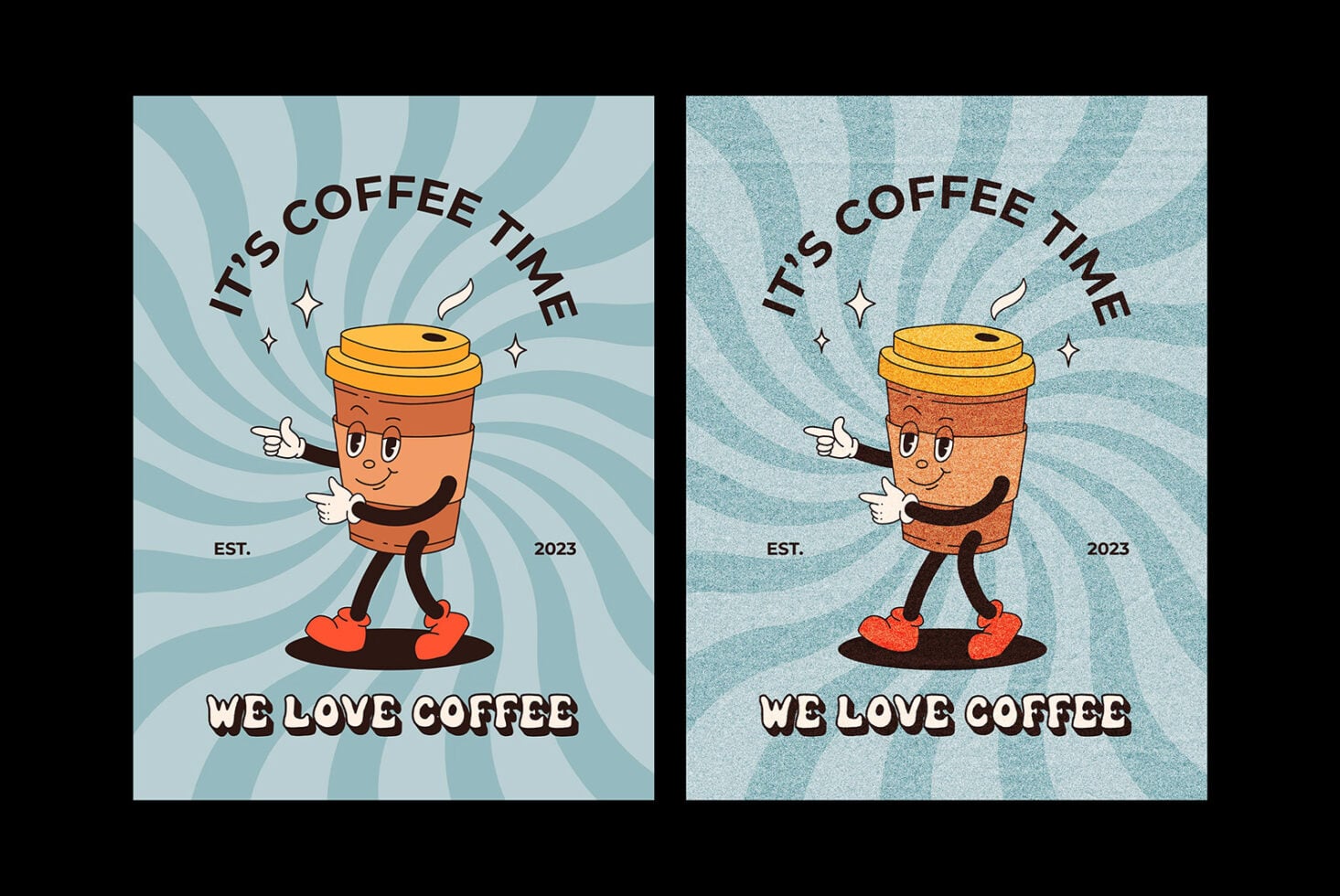 Retro coffee cup character with 'It's Coffee Time' text in clean clean version with textured grain overlay