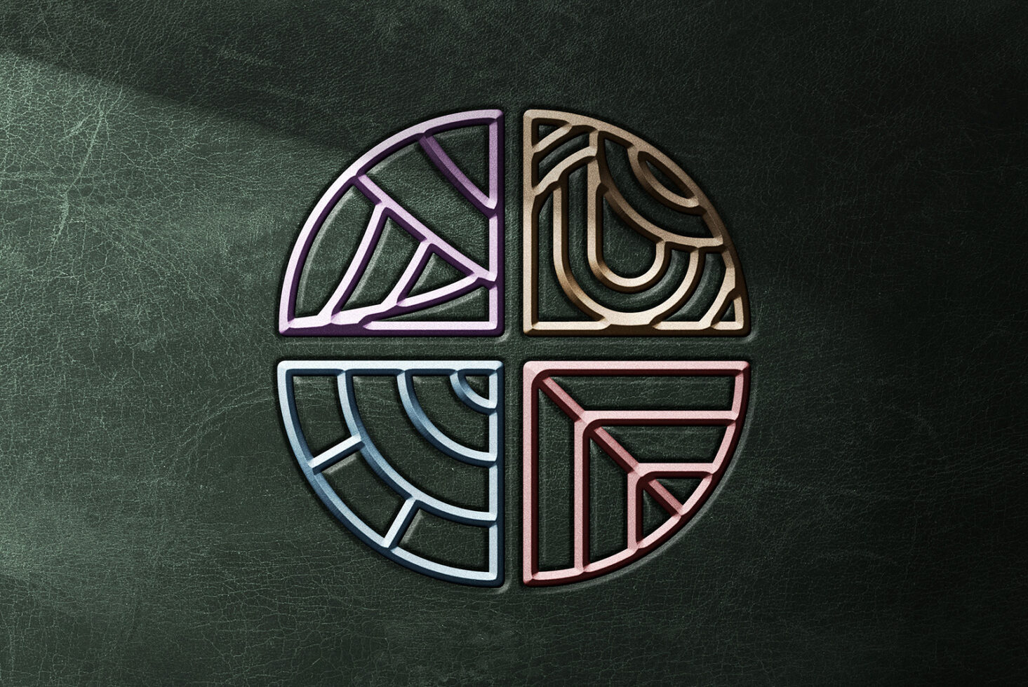 Four colorful neon icons in circle layout with geometric patterns on green leather