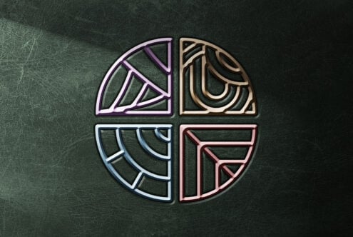 Four colorful neon icons in circle layout with geometric patterns on green leather