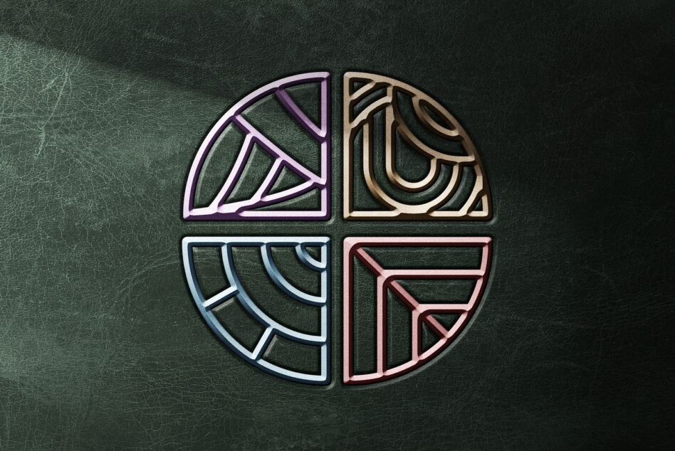 Four colorful neon icons in circle layout with geometric patterns on green leather