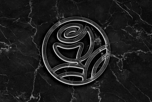 Circular metallic logo with curved lines on dark marble background