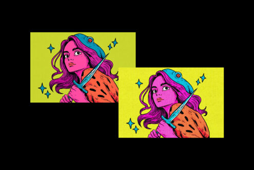 Neon pop art girl with paintbrush on bright yellow background
