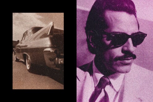 Sepia vintage car alongside magenta portrait wearing dark sunglasses