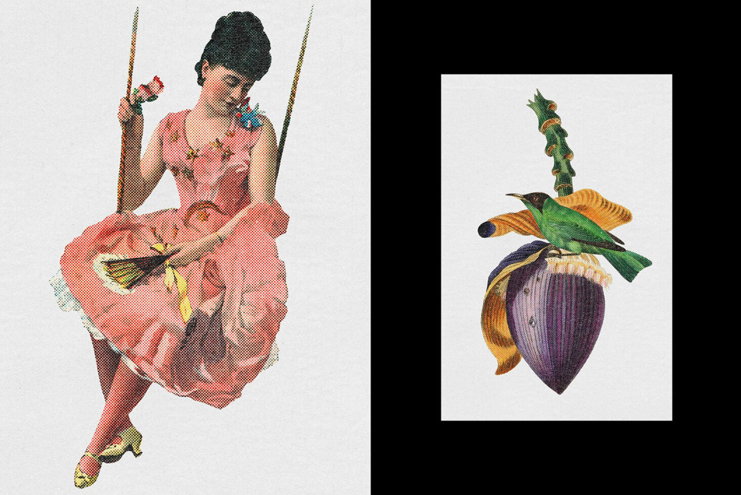 Retro collage of woman on swing with hummingbird on passion fruit botanical art