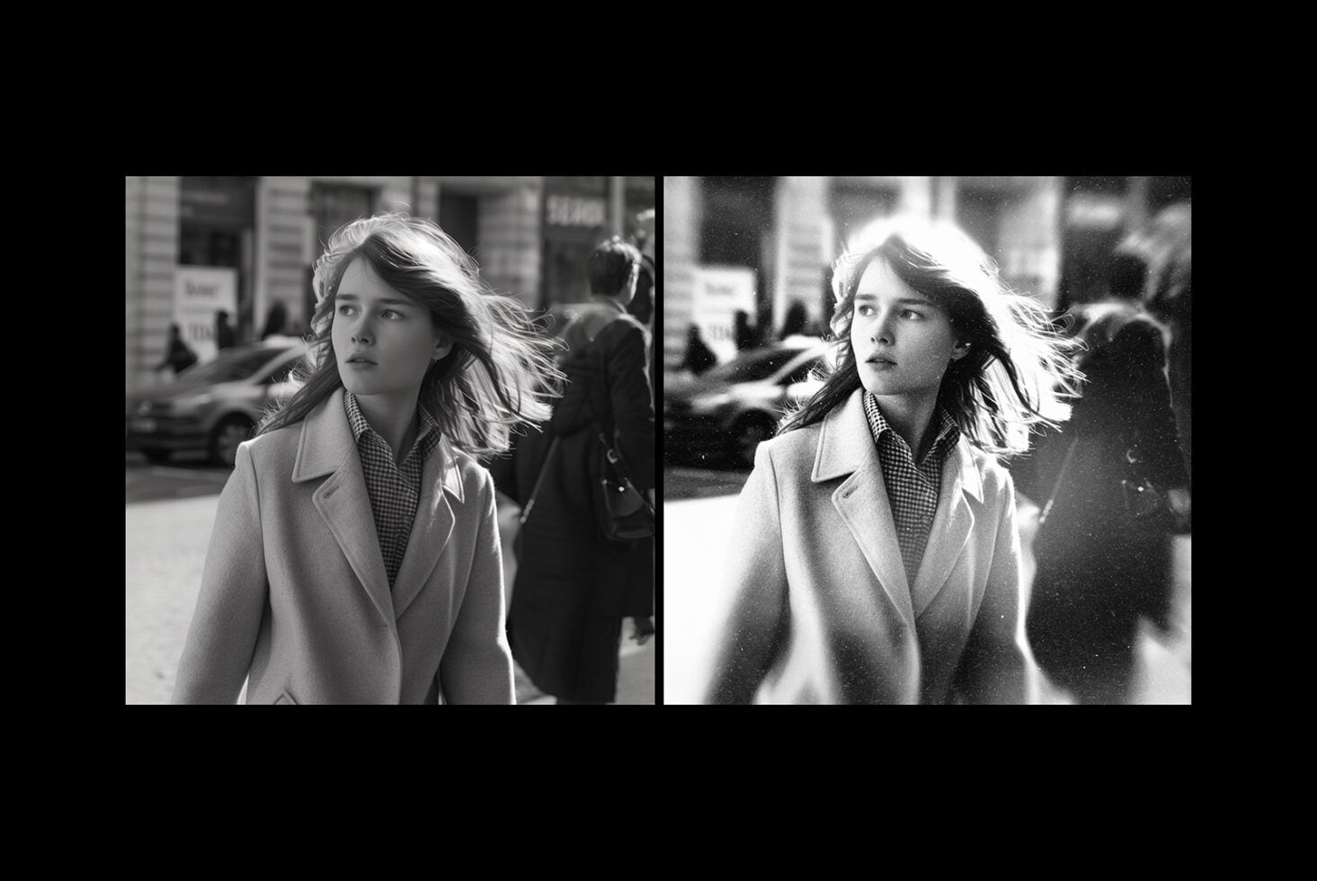 Two side by side black white street photos comparing grain texture on same scene
