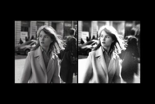 Two side by side black white street photos comparing grain texture on same scene
