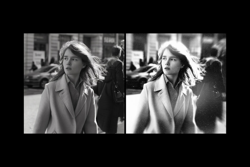 Two side by side black white street photos comparing grain texture on same scene
