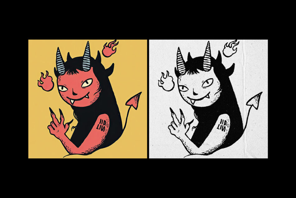 Smiling demon character with striped horns, fire hands, shown in color plus black ink