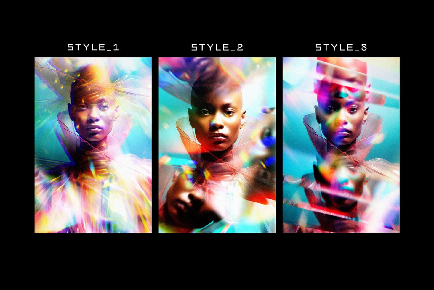 Three vertical portrait variations with feathered wings, prismatic color shifts, glitch effects
