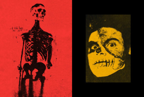 Red skeleton torso left, yellow skull half-face right with stitched jaw