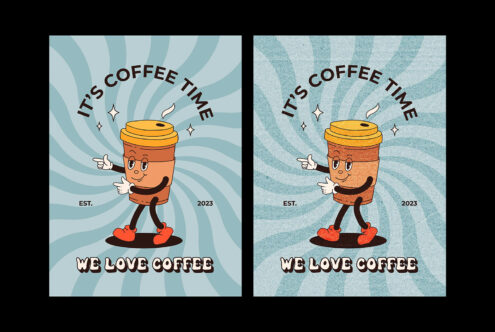Retro coffee cup character with 'It's Coffee Time' text in clean clean version with textured grain overlay
