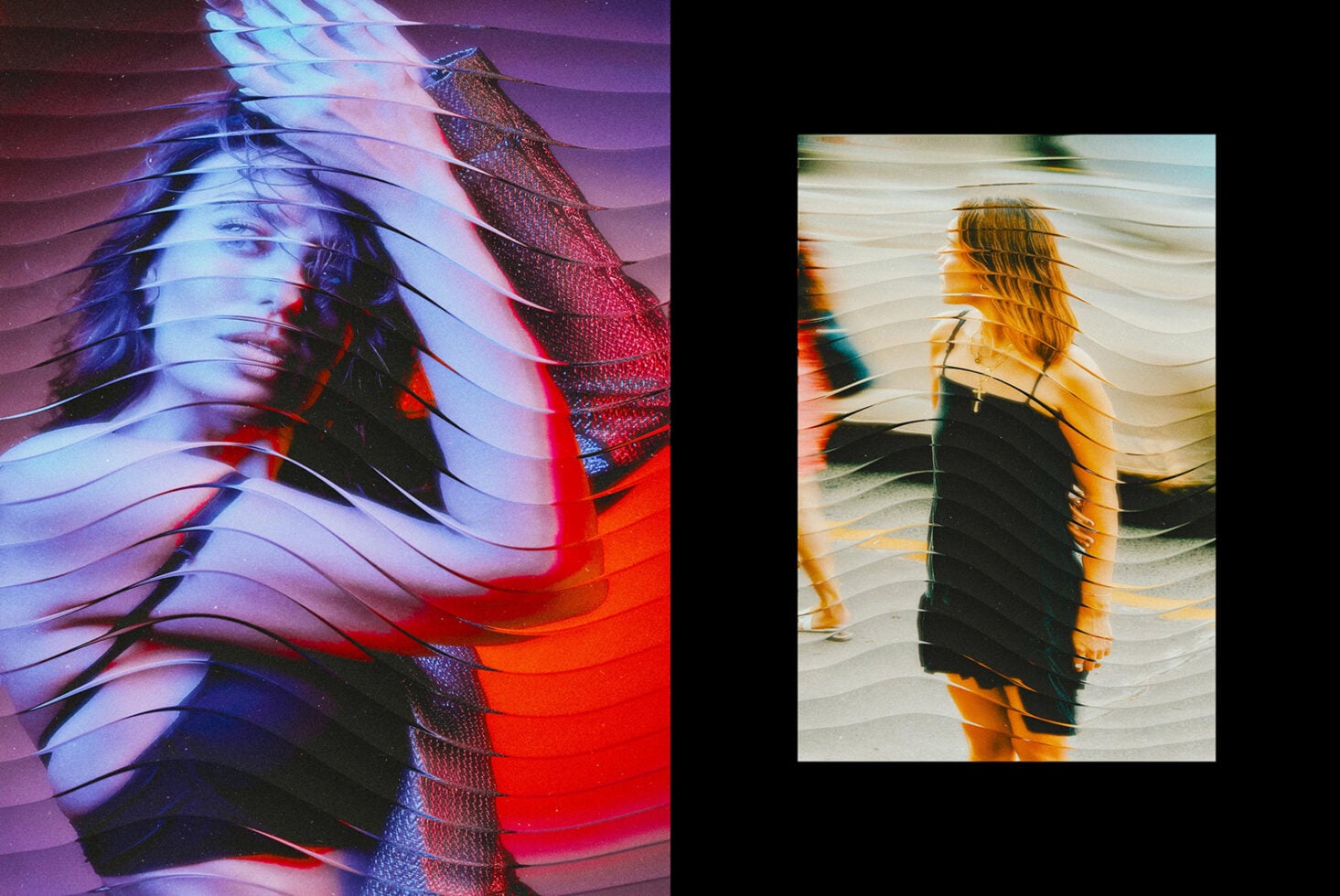 Two motion-blurred portraits, left with purple-red tones in mesh top, right showing blonde hair against white backdrop