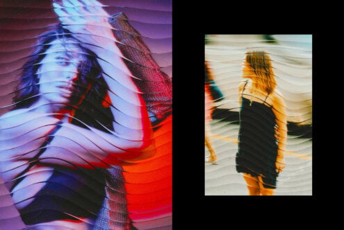 Two motion-blurred portraits, left with purple-red tones in mesh top, right showing blonde hair against white backdrop