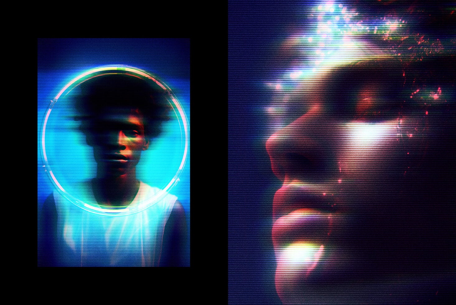 Neon cyan circle portrait left, corrupted scan line version right