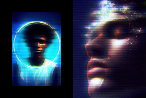 Neon cyan circle portrait left, corrupted scan line version right