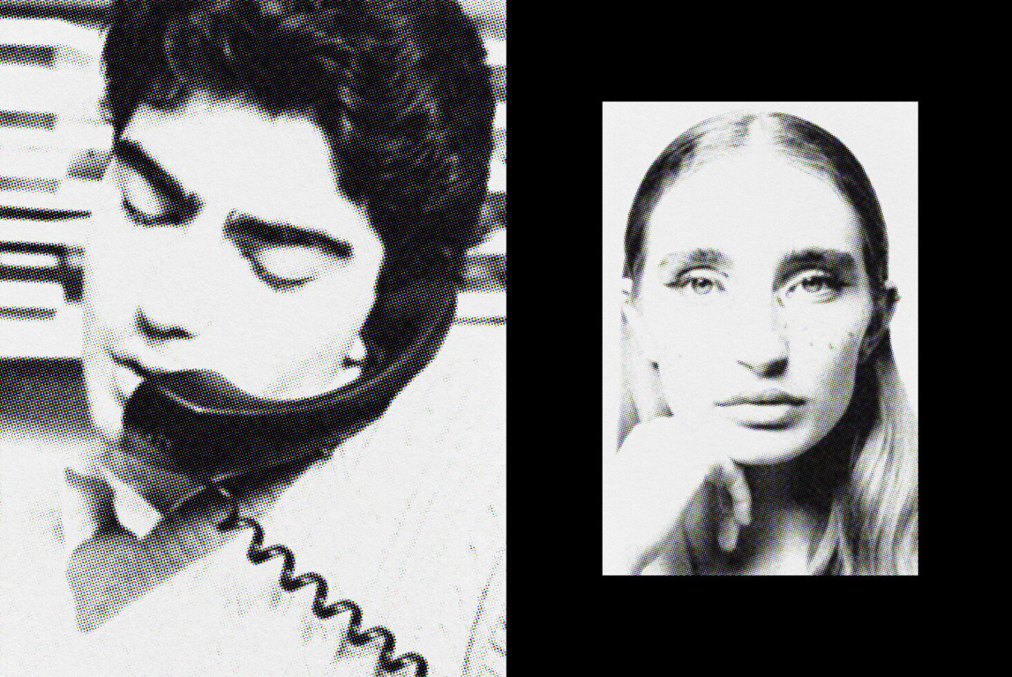 Two halftone portraits split layout, dotted texture effect on black background