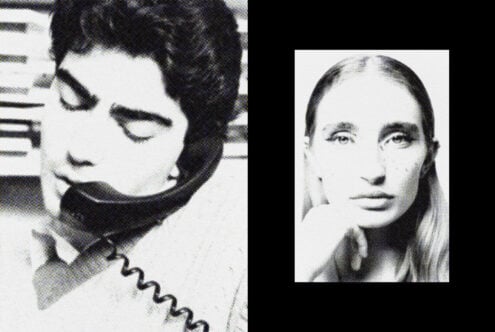 Two halftone portraits split layout, dotted texture effect on black background