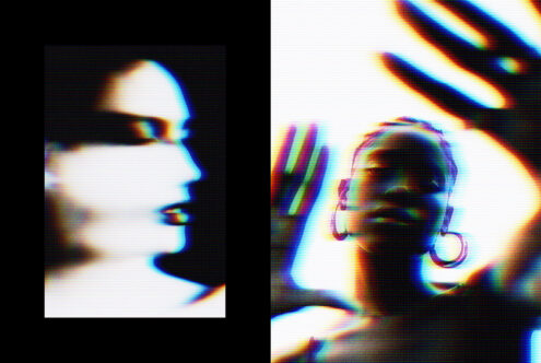 Two glitched profiles with intense RGB shift, scanline degradation, vibrant color separation edges