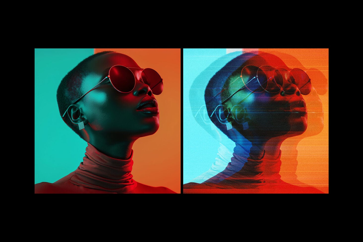 Side-by-side portrait comparison with bold teal-to-orange split tones, double exposure effect layered over face