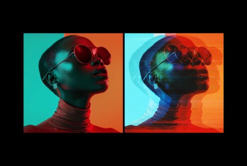 Side-by-side portrait comparison with bold teal-to-orange split tones, double exposure effect layered over face