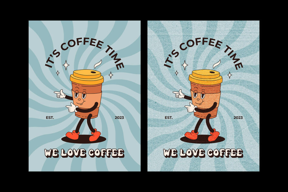 Retro coffee cup character with 'It's Coffee Time' text in clean clean version with textured grain overlay