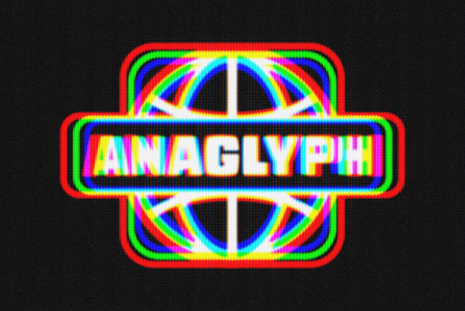 Rainbow neon badge with rounded corners containing AINAGLYPH text, colorful grid pattern inside