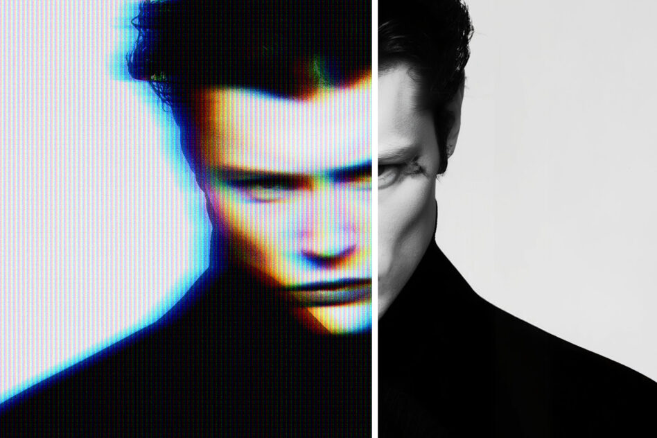 Split composition showing glitched face half versus clean minimal side profile in B&W