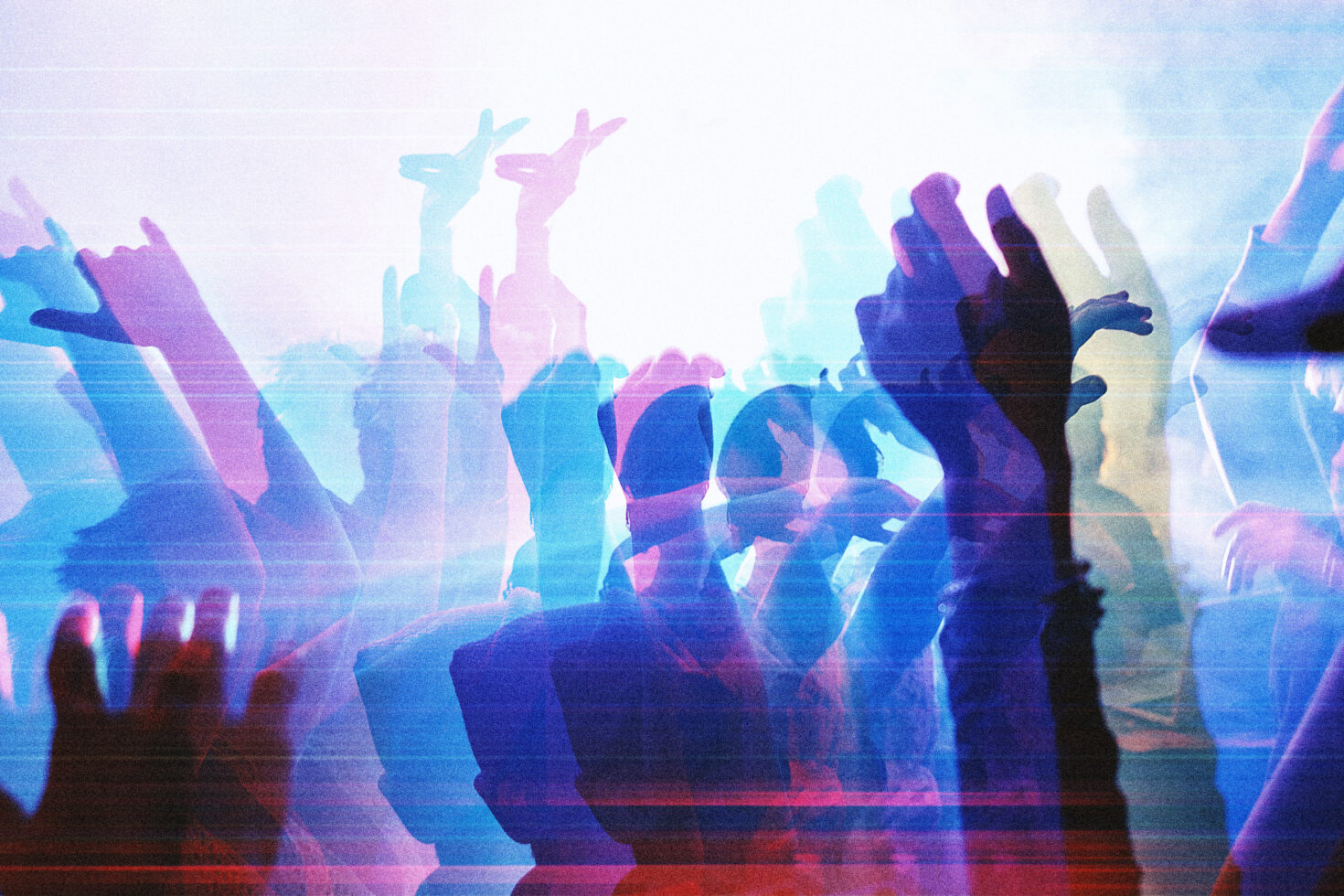 Translucent multicolor silhouettes of crowd dancing with light rays, vaporwave aesthetic