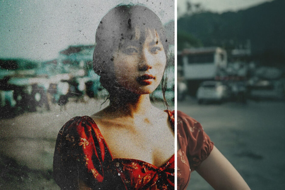 Woman in red dress with double exposure of cityscape, grainy film texture