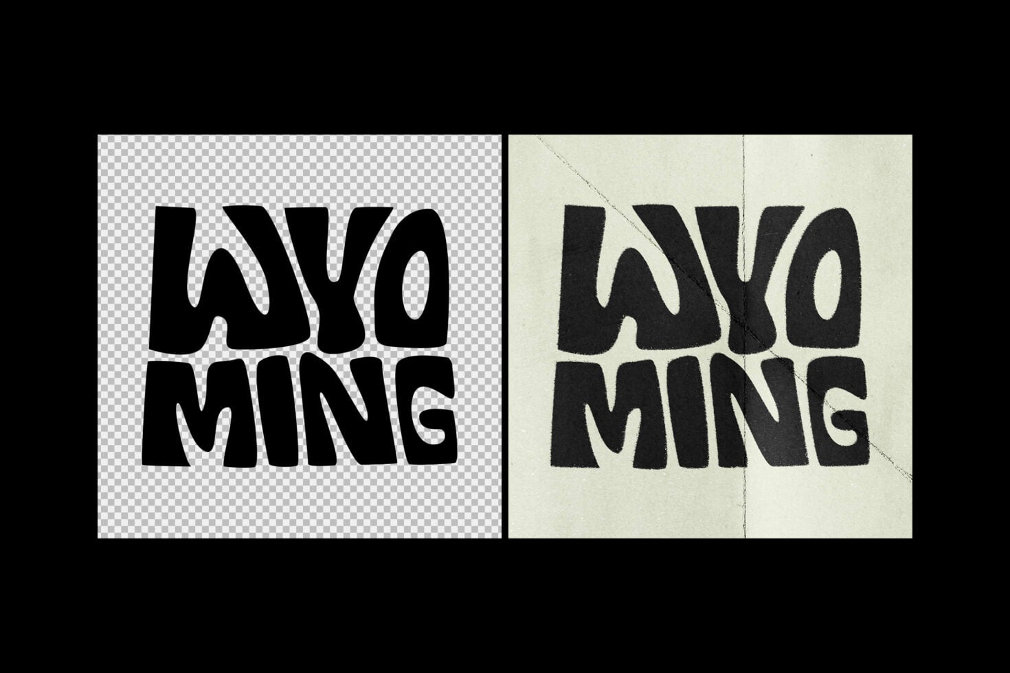 Black text Uxo Ming shown transparent on left, on cream paper right