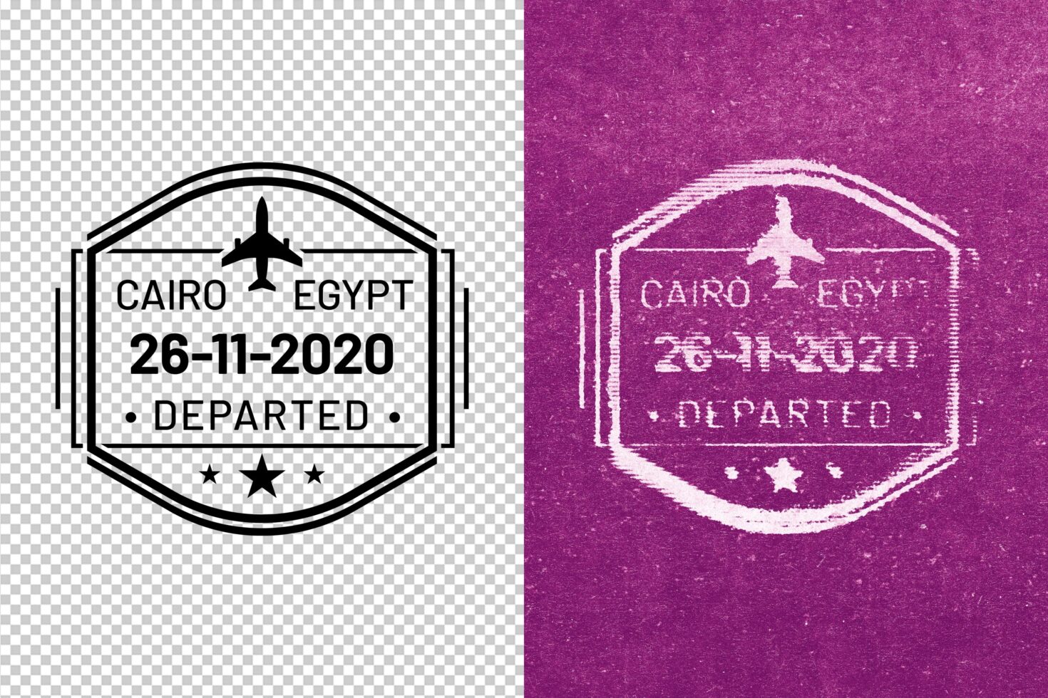 Passport stamp mockup showing Cairo Egypt departure date in clean outline style left, distressed magenta version right
