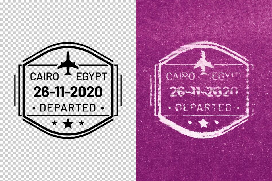 Passport stamp mockup showing Cairo Egypt departure date in clean outline style left, distressed magenta version right