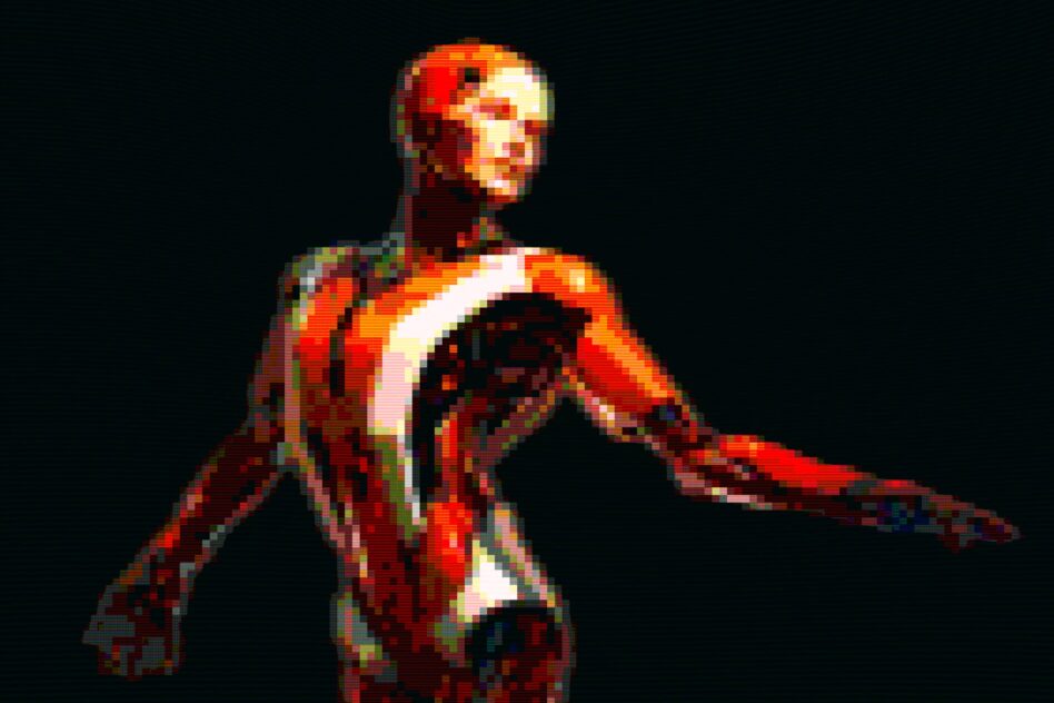 Retro pixel art figure in red suit with white stripe, arms spread wide, heavy color distortion