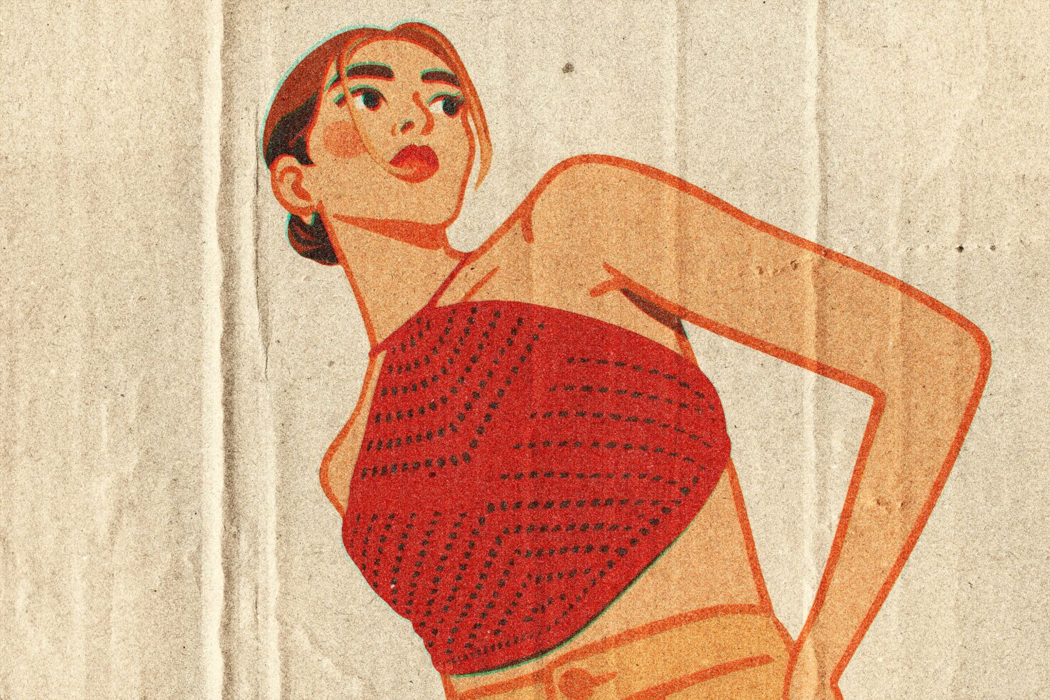 Woman in red sequined top looking over shoulder vintage vibe