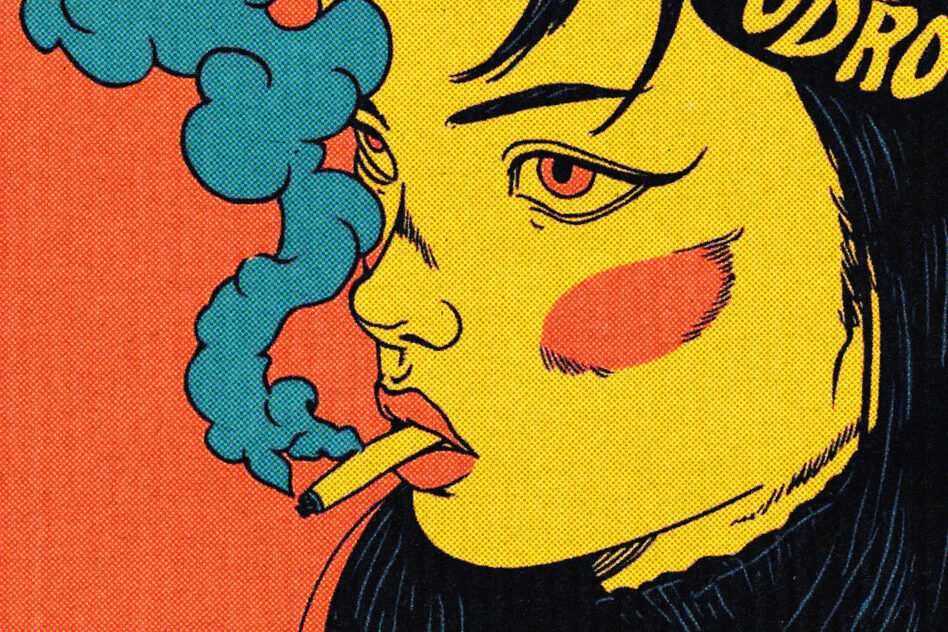 Pop art comic style woman with yellow skin smoking cigarette