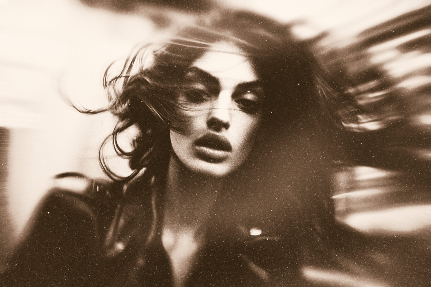 Soft focus sepia portrait of woman with wavy hair in motion, dreamy effect