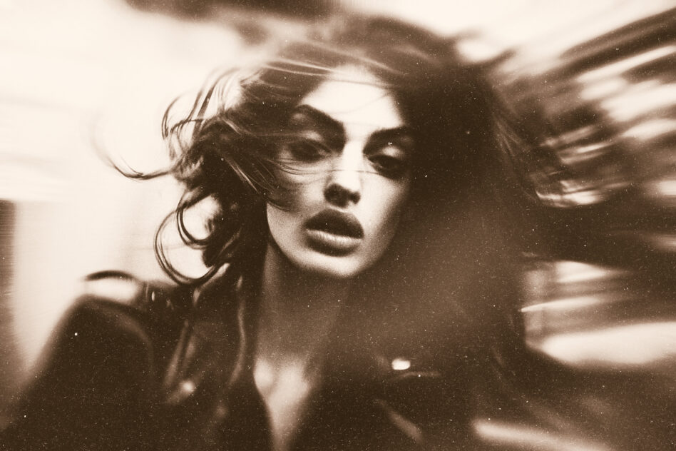 Soft focus sepia portrait of woman with wavy hair in motion, dreamy effect
